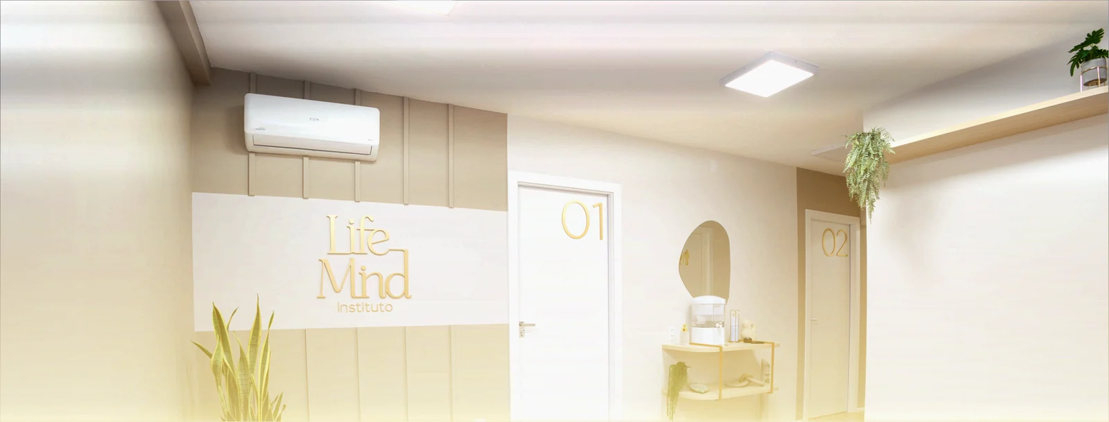 Recepção do Instituto Life Mind, com o letreiro na parede e as portas das salas
